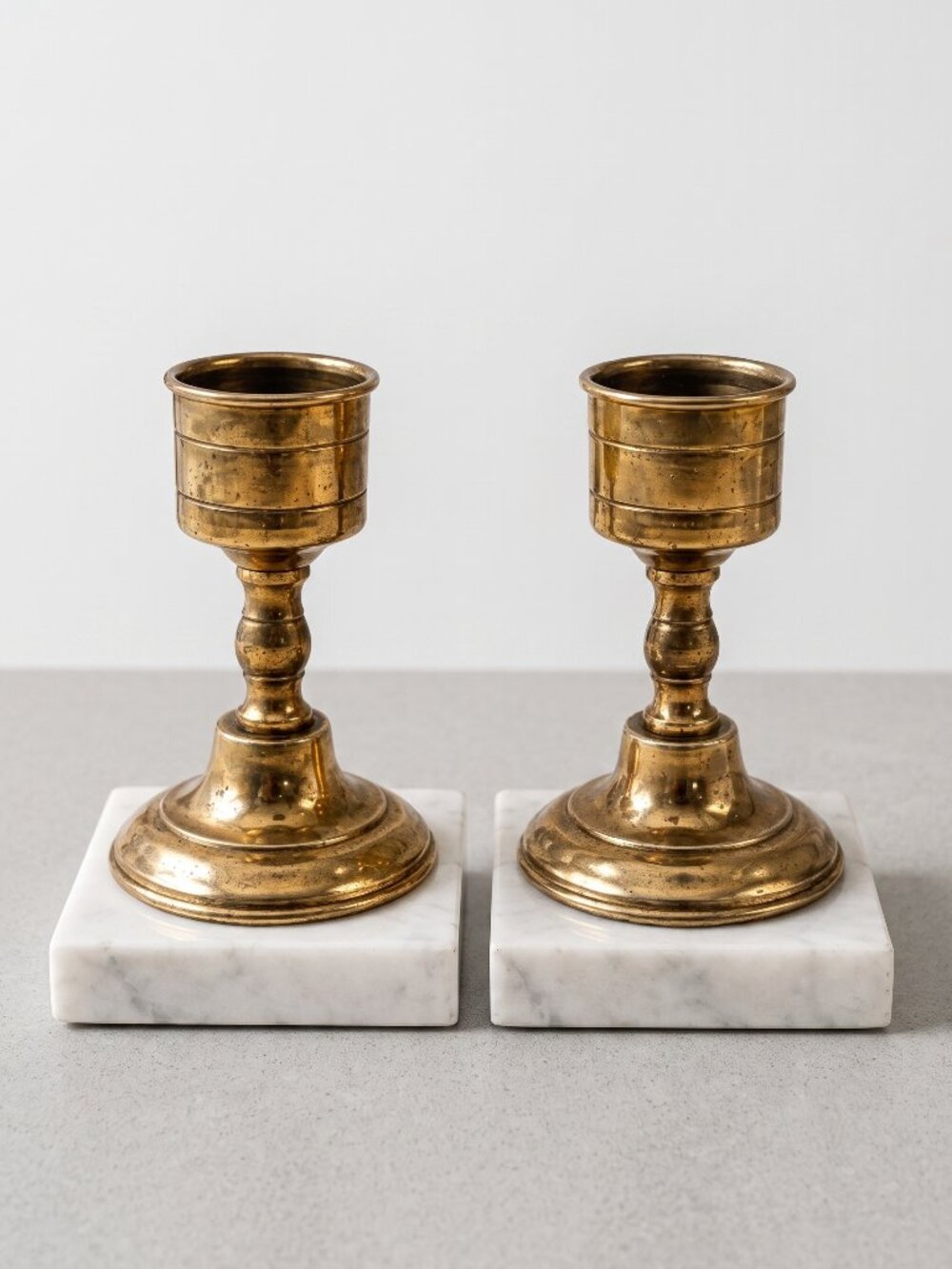 Vintage Italian Brass Candlestick Holders Marble Square Base Pair Mid Century